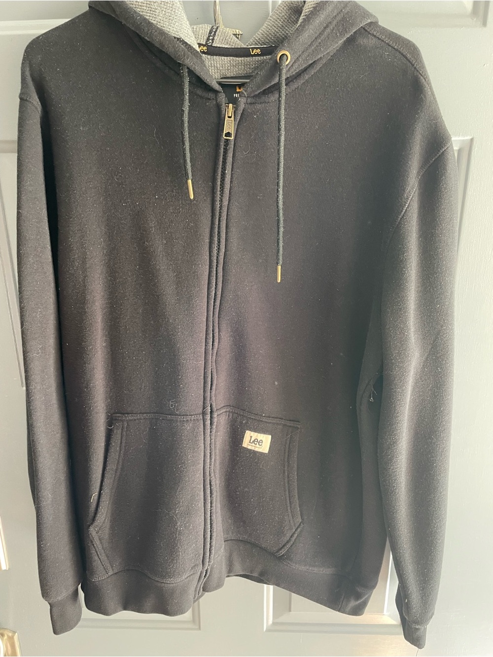 Lee Men's Black Zip-Up Hooded Sweater with Gold Accents
